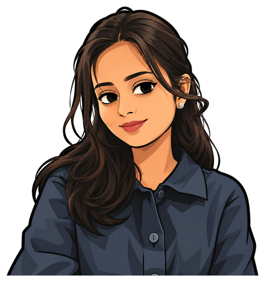 Illustrated portrait of Kausshiki: long dark hair, a pearl earring and a navy shirt, smiling