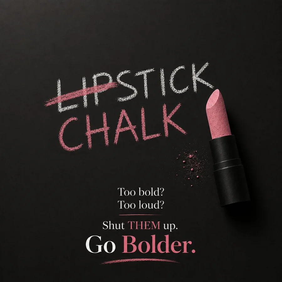 Poster for chalkboards: “Lipstick” with “Lip” crossed out and “Chalk” written beneath, line “Too bold? Too loud? Shut THEM up. Go Bolder.”