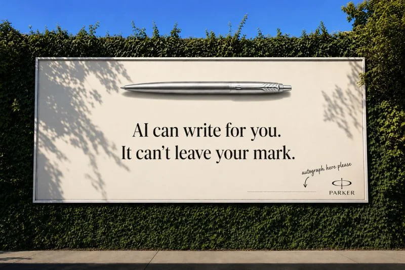 Spec billboard for Parker pens: “AI can write for you. It can’t leave your mark.” with an autograph line