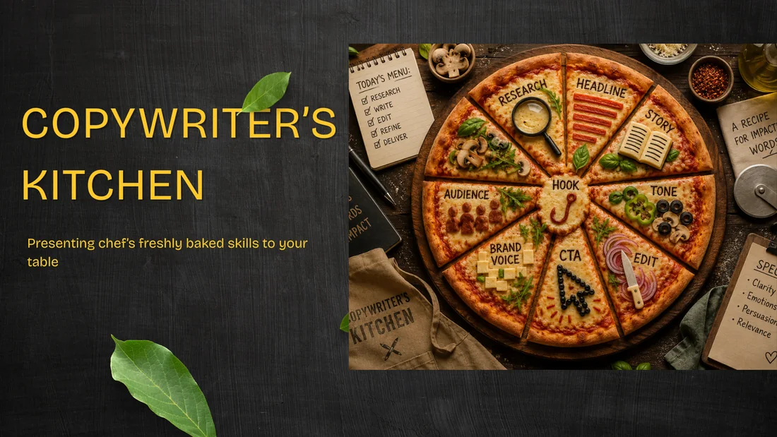 Slide: Copywriter’s Kitchen, a pizza whose slices are research, headline, story, tone, edit, CTA, brand voice and audience