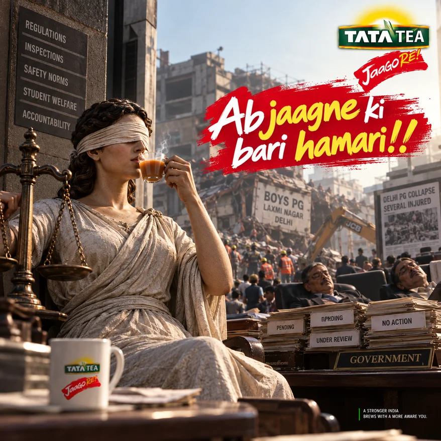 Spec ad for Tata Tea Jaago Re: a blindfolded Lady Justice sips chai amid rubble, headline “Ab jaagne ki baari hamari!!”