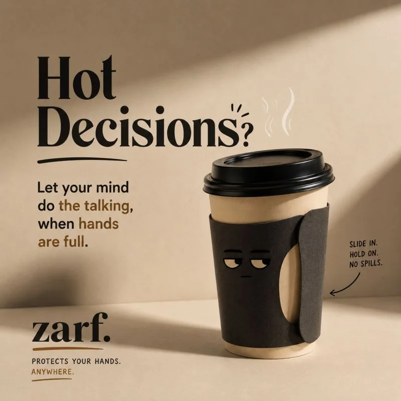 Poster for Zarf coffee sleeves: “Hot Decisions? Let your mind do the talking, when hands are full.”